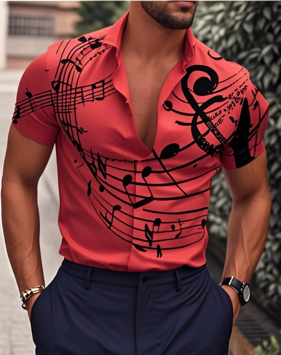 Camisa de hombre Patrón Camisa Texto Notas musicales Solapa Mangas cortas Camisa con botones estampados Diseñador de moda Casual Transpirable