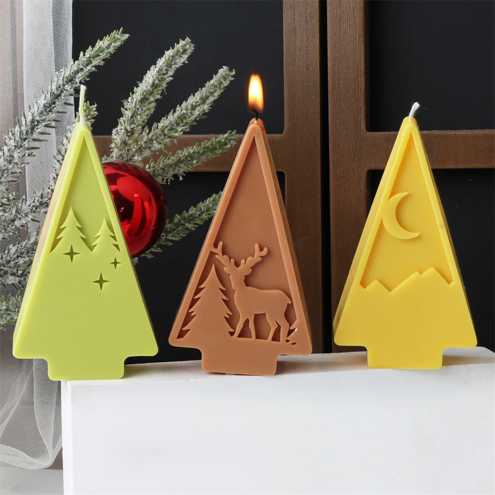 3D Geometric Christmas Tree Silicone Candle Mold DIY Relief Christmas Scene Column Aromatherapy Candle Plaster Mold Home Decor