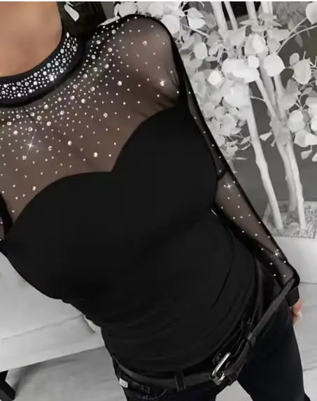 Top for Women New 2026 Water Diamond Decorative Stand Up Collar Lantern Sleeve Transparent Mesh Splicing Hollow Back Blouse