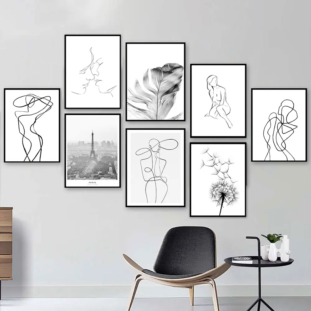 Woman One Line Drawing Art Canvas Painting Female Nude Figure Poster Eiffel Tower Dandelion Minimalist Print Nordic Home Decor
