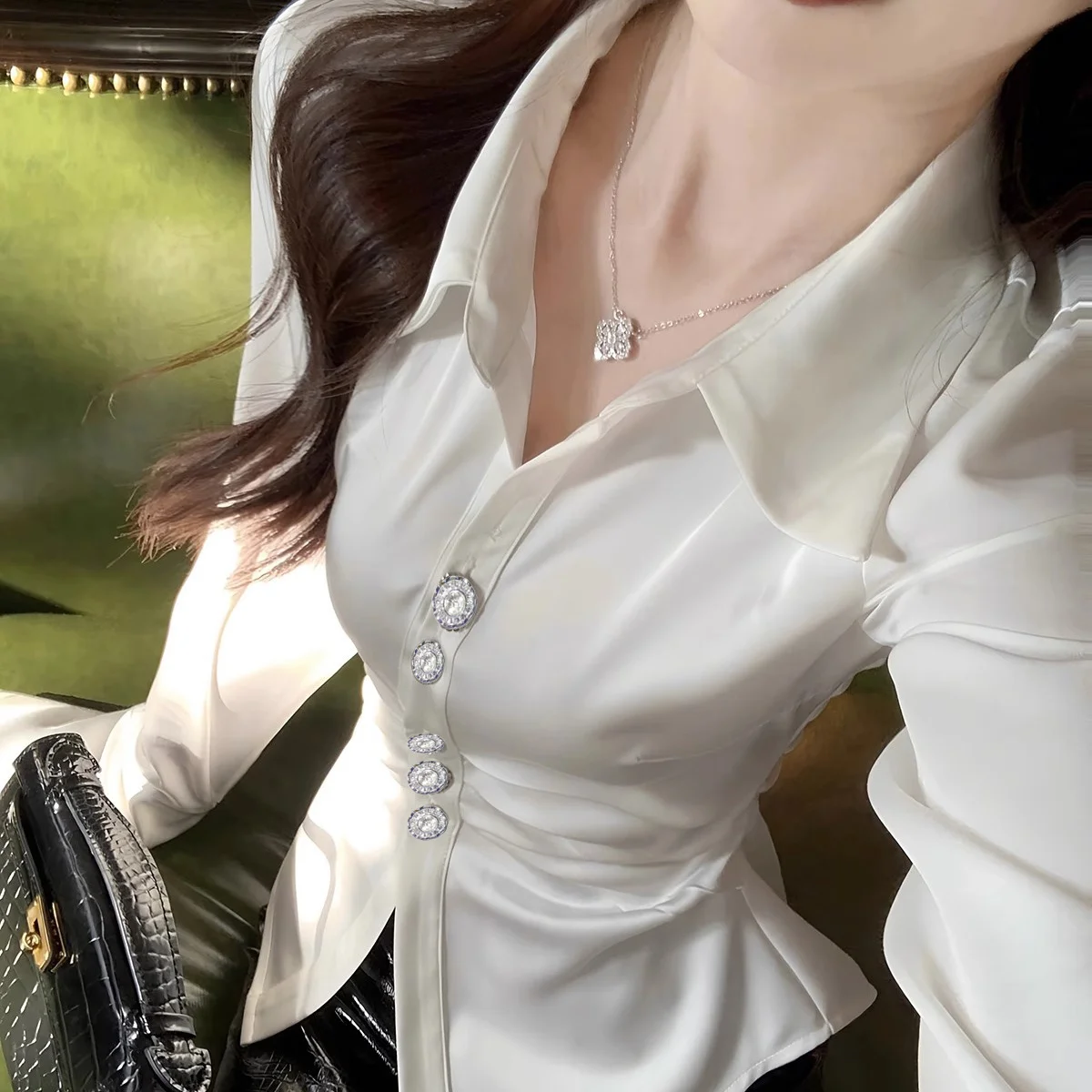 Soft Satin Finish Advanced Sense Summer Women New White Solid Color Lapel Collar Button Corset All-match Corset Short POLO Shirt