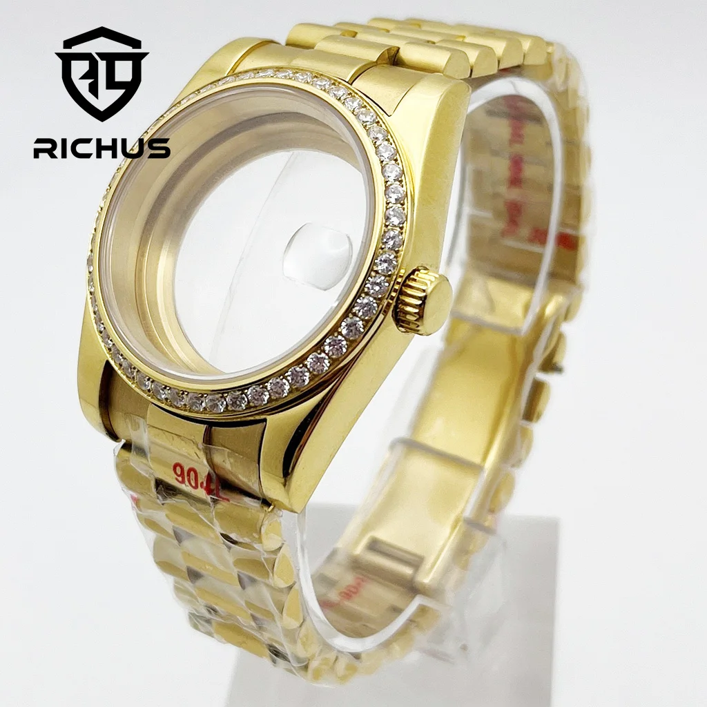 RICHUS 36mm 39mm Gold Watch Case Sapphire Glass Diamond Type Fit NH35 NH36 ETA2824 PT5000 Miyota8215-DG Automatic Movement
