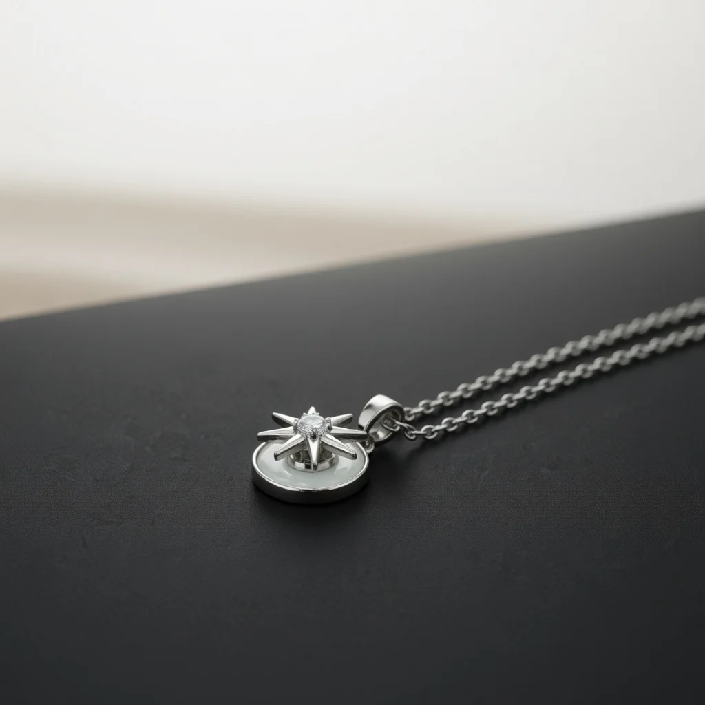 Minimal Silver Tone Copper Pendant Necklace, White Enamel Multi-point Star Decor Jewelry for Banquet & Special Gift Selection