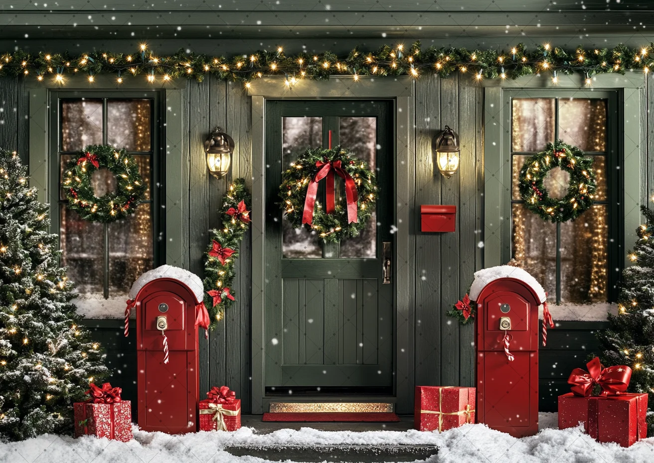 Winter Kerst Fotografie Achtergronden Prachtige Deur Kerstboom Vakantie Party Volwassenen Kinderen Foto Achtergronden Studio