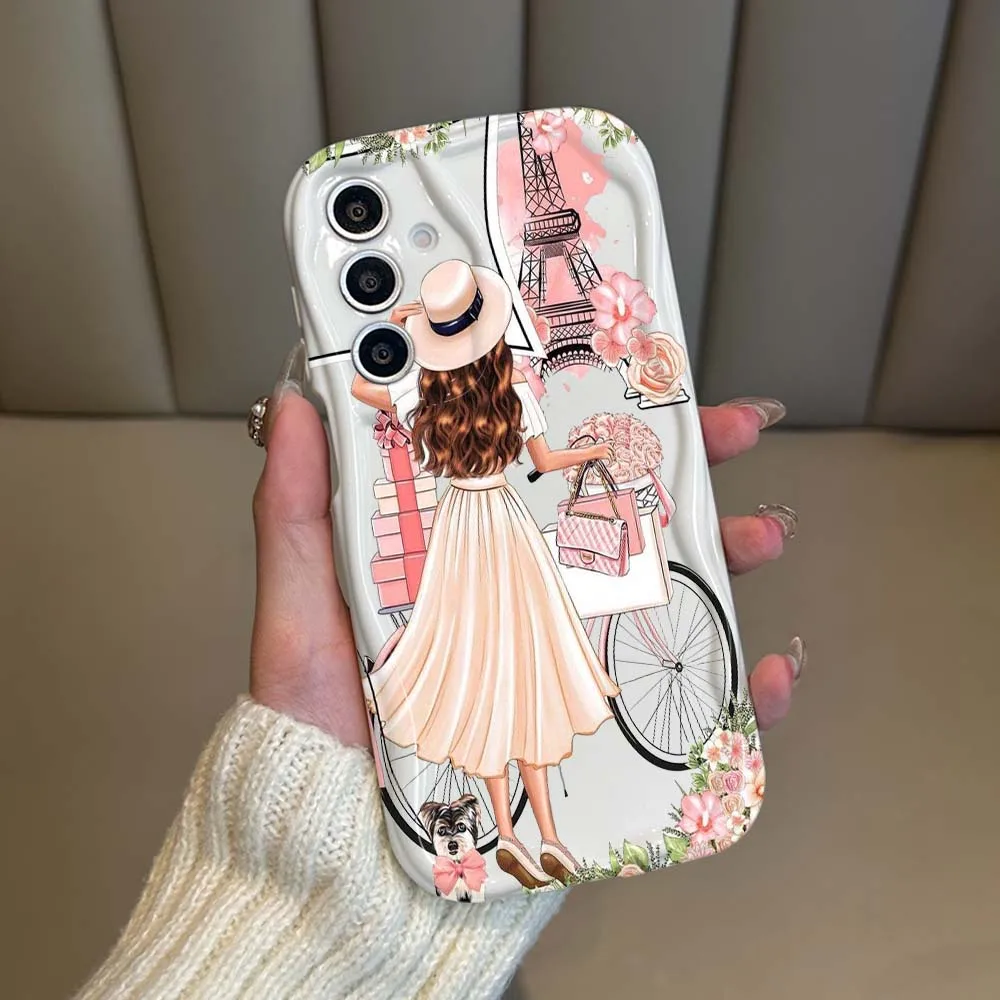 Fashion Pink Girl Flower Phone Case For Samsung Galaxy A73 A71 A57 A56 A55 A54 A53 A51 A17 A16 A06 A05 Soft Wave Oil Cover