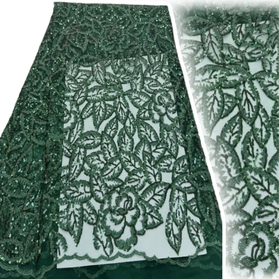 

African Lace 2026 French Cloth Fabrics Embroidery Sequins For Women Tulle Green Beaded Fashion Mesh Fabric 5Yards Sewing SZ2133