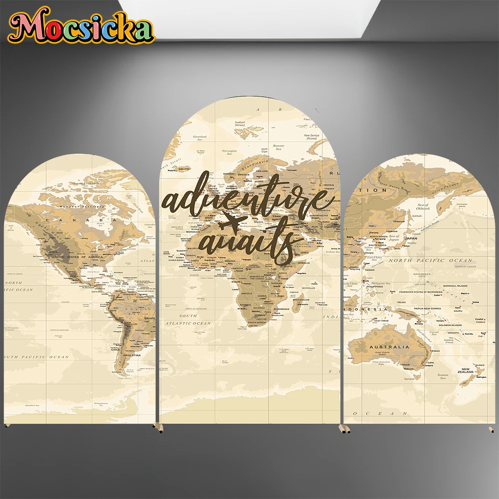 Mocsicka Adventure Arch Covers Backdrop Elastic Double-Sided World Yellow Map Decorations Baby Birthday Party Arched Backgrounds