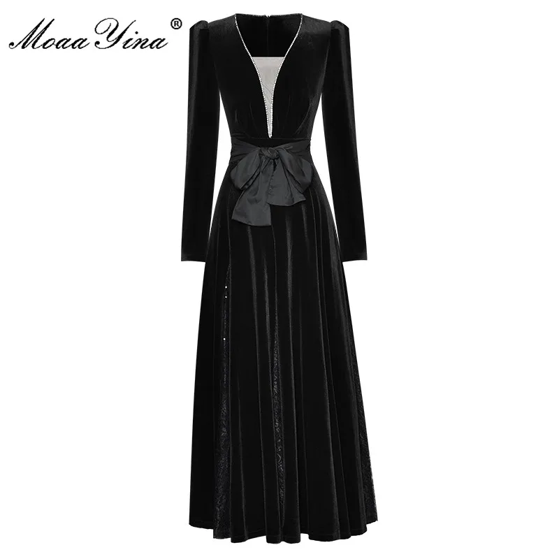 

MoaaYina Fashion Designer Spring Dress Women V-neck Long sleeve Belted Beading Mesh Patchwork Black Velvet Party Dress