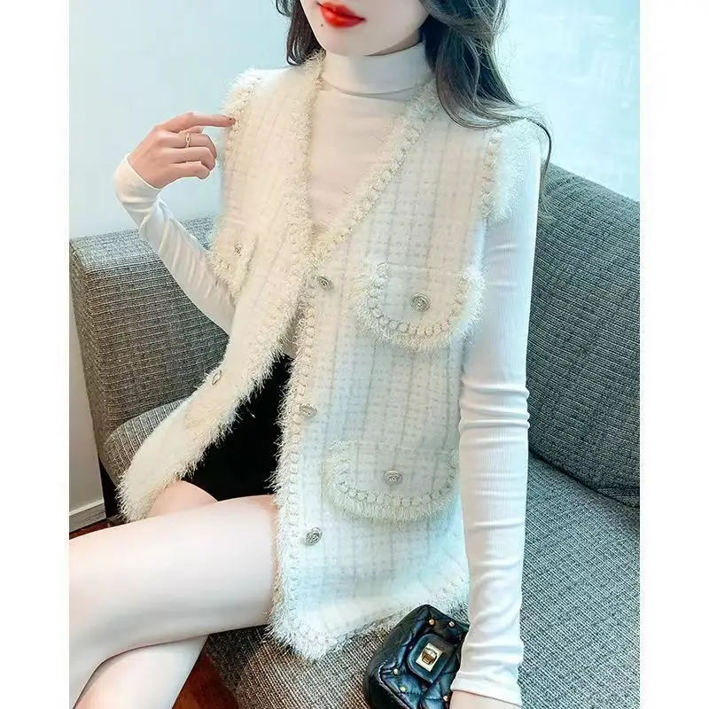 Knitted Vest Women Sleeveless Cardigan Mink V-neck Tank Top Korean Fashion Waistcoat Single-breasted Coat Spring Autumn Jacket