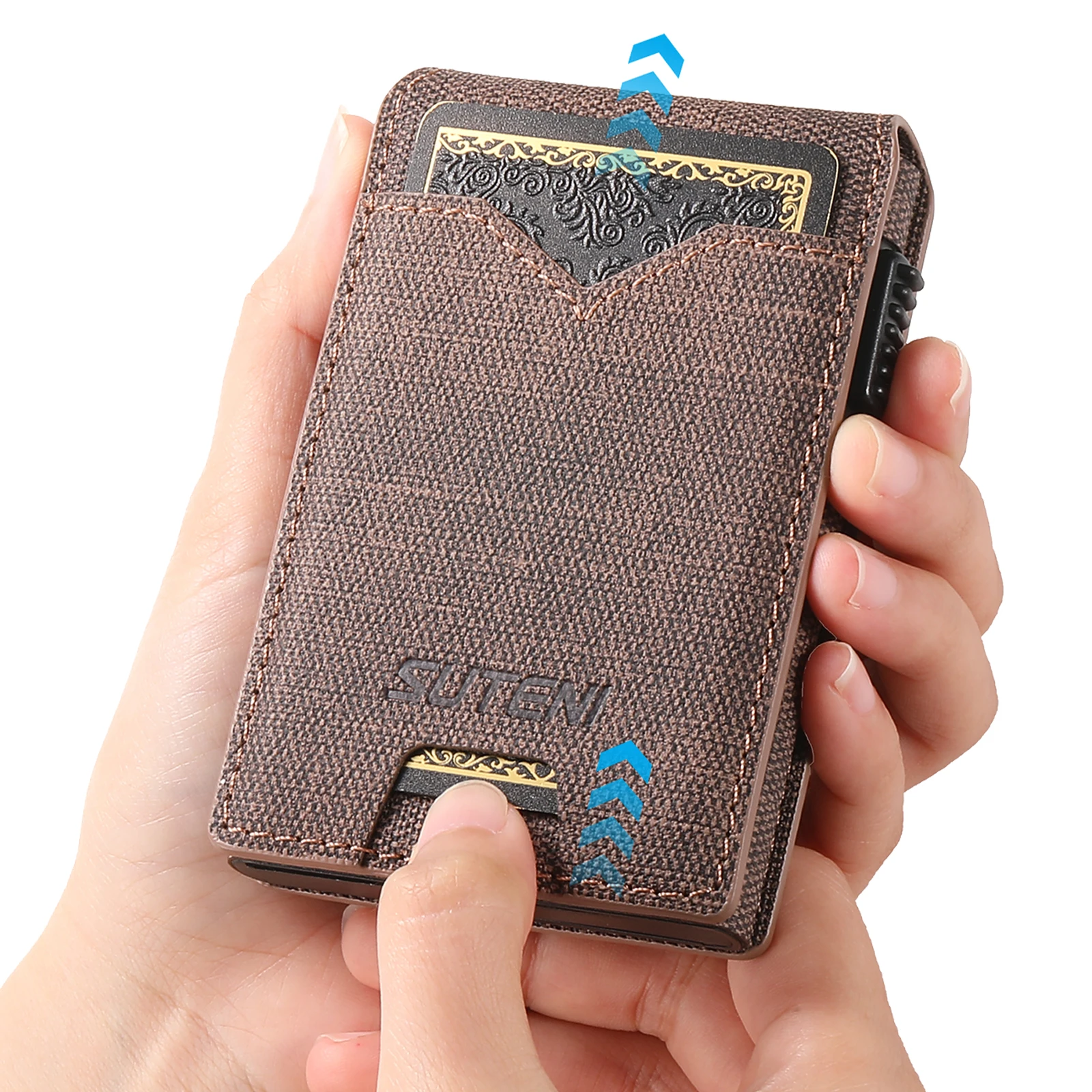 SUTENI Kunstleder für Herren, Geldbörse, Kartensteckplatz, Geldbörse, Flip-Cover, Kartenbox, drückt den Knopf automatisch die Karte aus – Detail 27