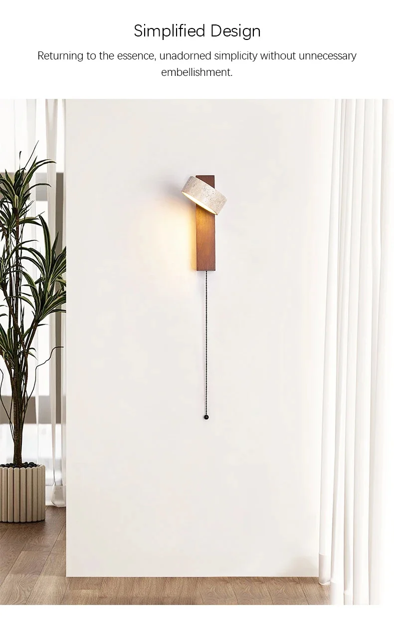 Wandleuchte im Wabi Sabi-Stil, natürlicher gelber Travertinstein, drehbar, mit Zugkettenschalter, LED-Nussbaumholz-Dekorleuchte für Schlafzimmer – Detail 4