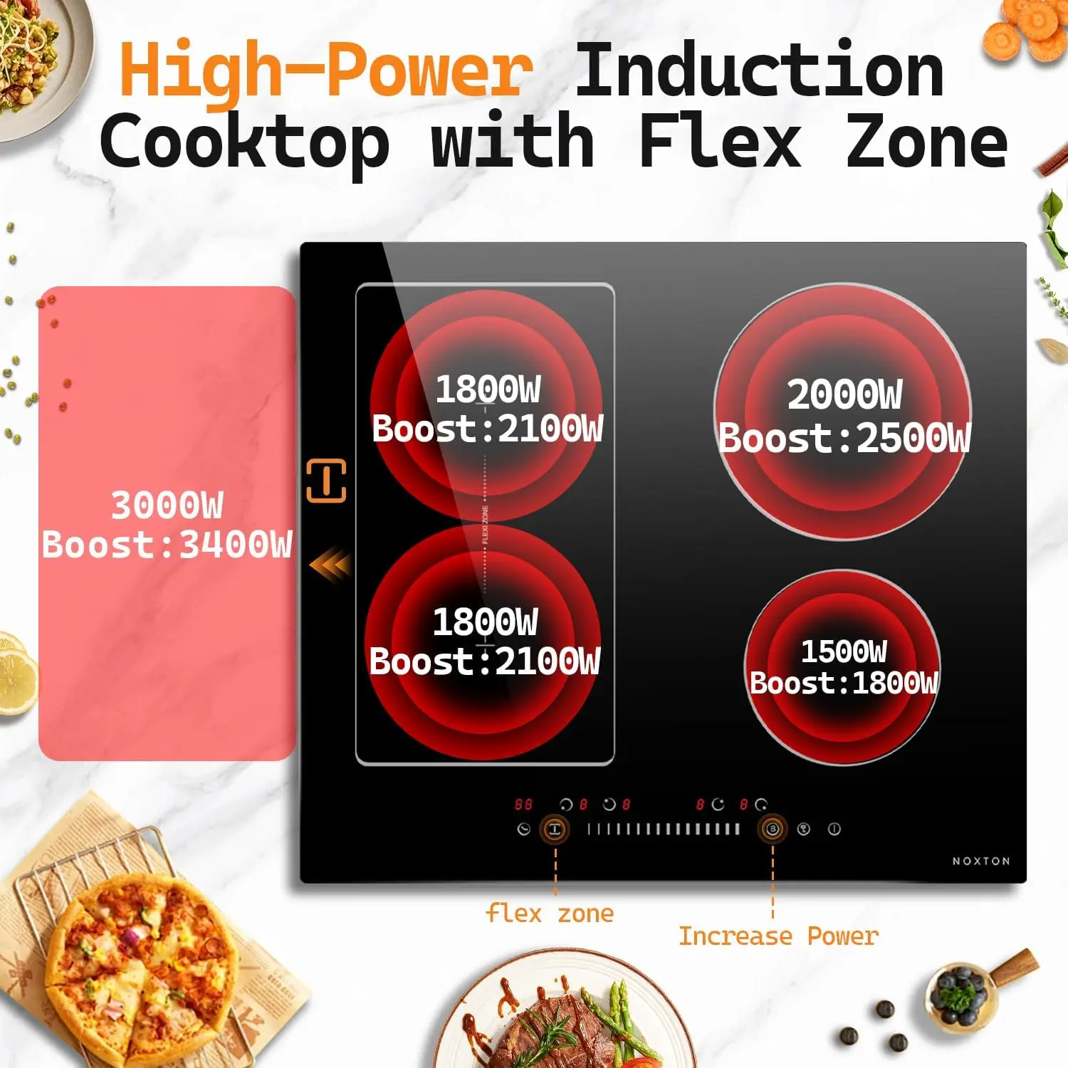 NOXTON 24Inch Induction Hob, 4 Burners with Flex Zone, Power Boost, Pause, 9 Power Levels, Safety Lock, 7200W, 240V Hard wired