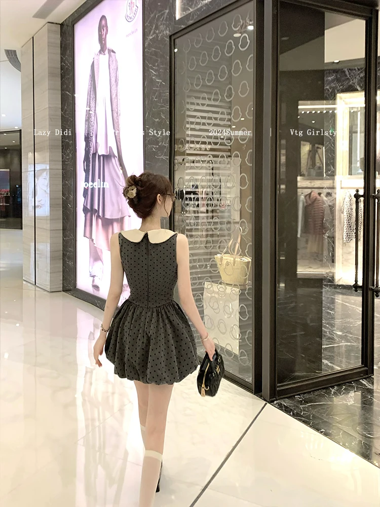 French Vintage Mini Dress Women Casual Sleeveless 2000s Retro Elegant Clothing One Piece Dress Korean Fashion Y2k Dot Design