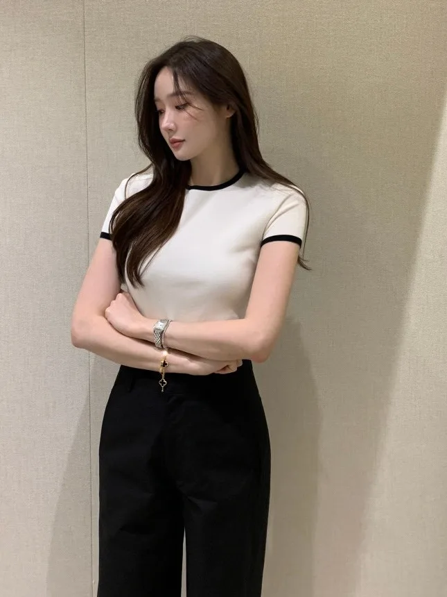 Chic ort Sve Knitted Top Women's Slim Fit Summer New Sle Thin Faionable Anti Aging Polyester Fiber 00% V Ne T irt