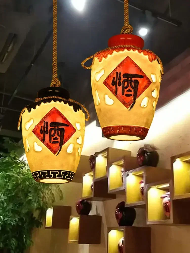 

Chinese Style Wine Jar Pendant Lamp Retro Dining Room Hanging Light for Restaurant Bar Home Decor Kitchen Resin Lighting Fixture