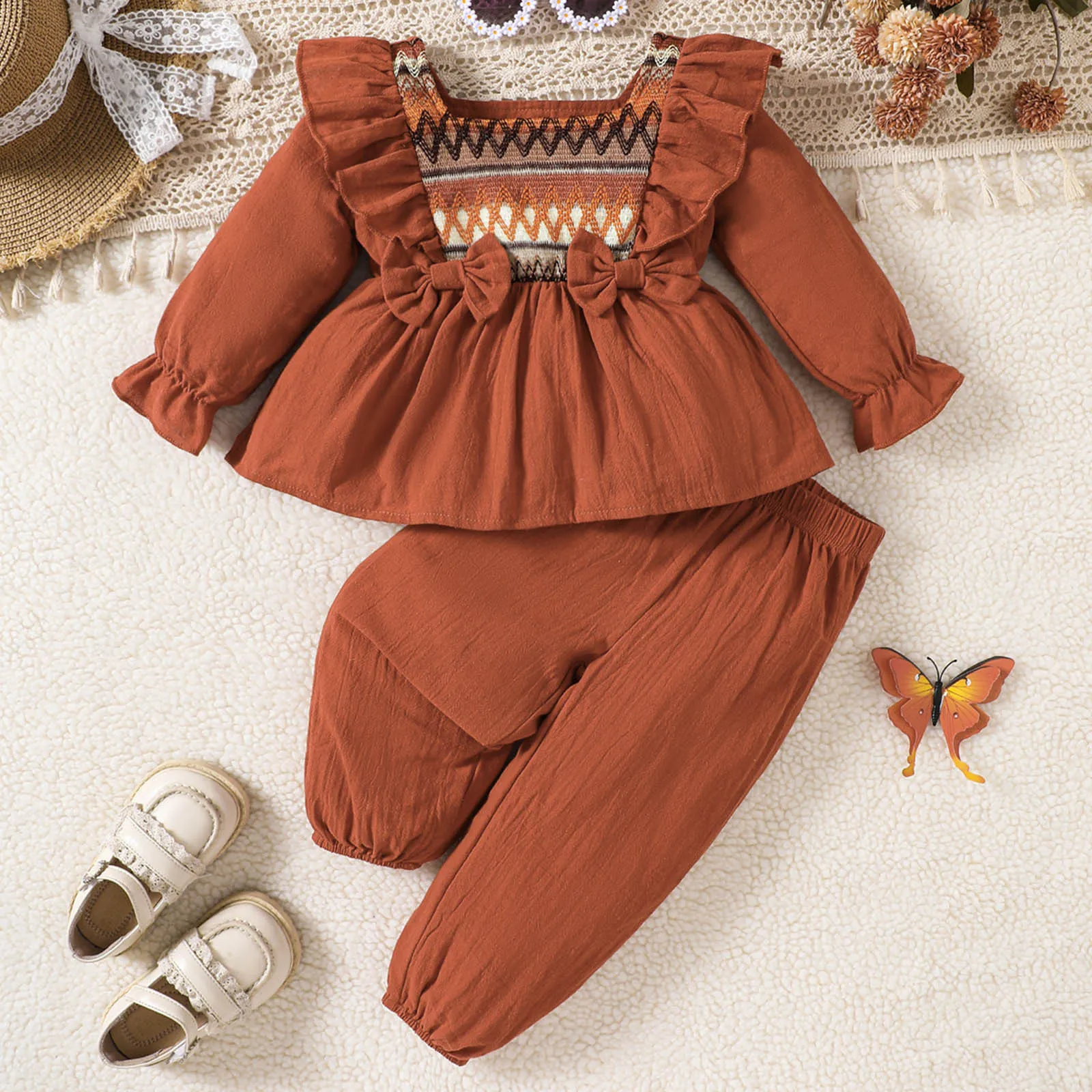 

Комплекты одежды для маленьких девочек на осень и зиму, Топ с длинным рукавом и бантом с вышивкой, длинные брюки, 2 предмета, наряды, Детские комплекты одежды для девочек