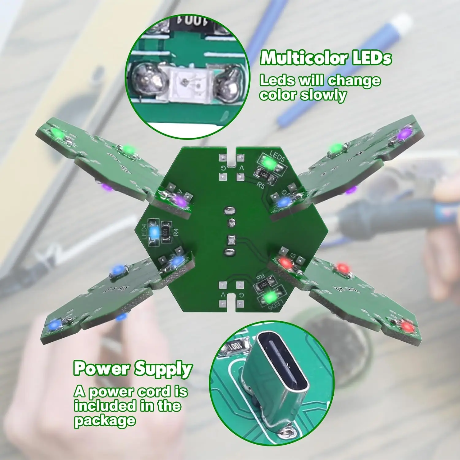 DIY Electronic Project Kit 5 Pcs Splicable Triangle Hexagon Creative PCB with Flash LEDs DIY SMD Soldering Practice Kit for STEM