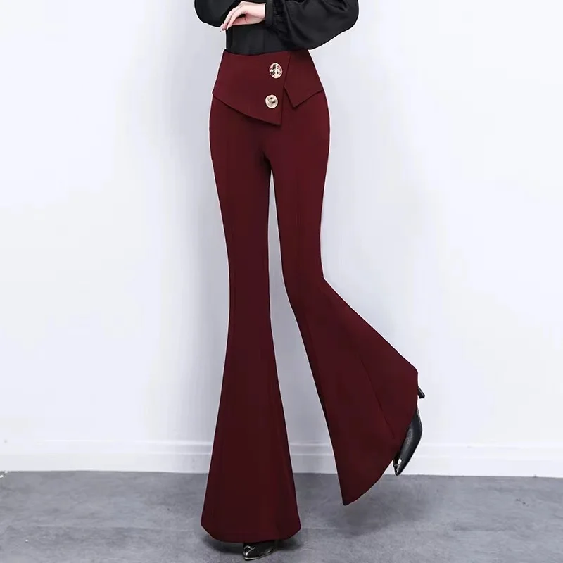 Gold velvet high waist big flared pants women\'s slim pants drape wine red trousers solid color elegant ladies plus size pants