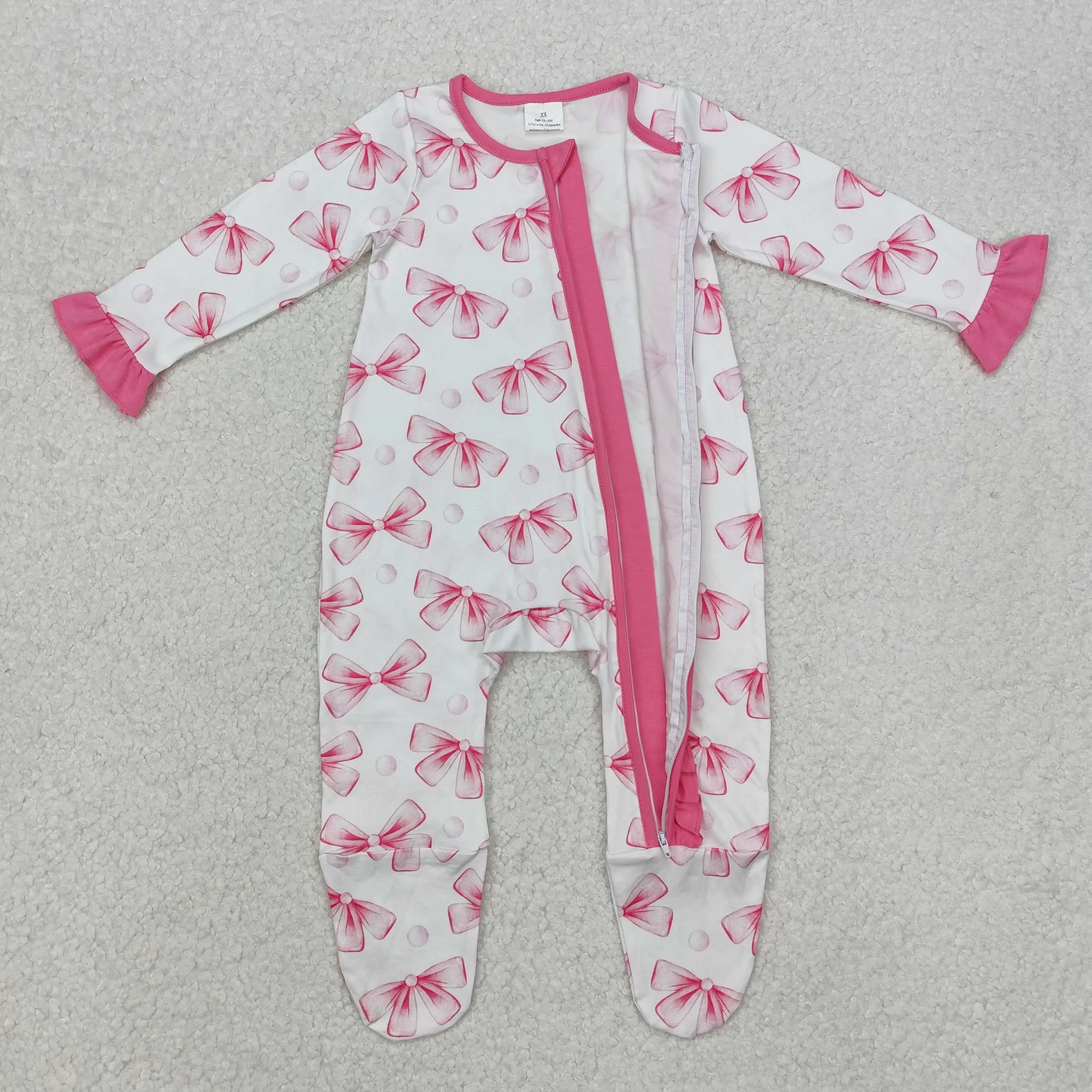 

Western clothes Unisex Modal Pink bow baby clothe zipper Romper High Quality long Sleeve baby jumpsuit