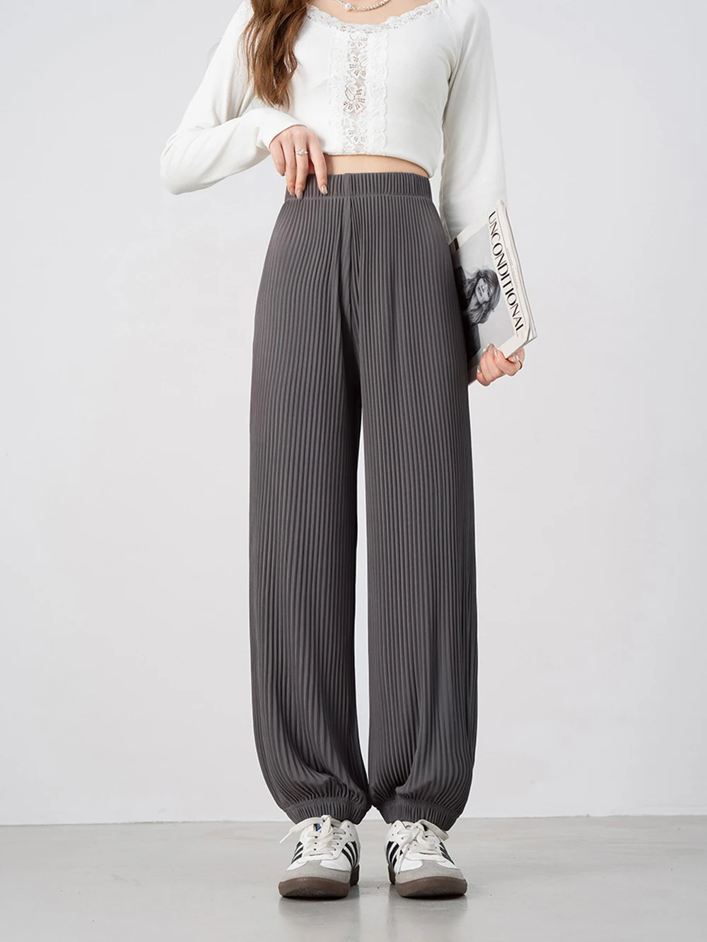 Summer Ice Silk Pleated Wide Leg Pants Women's Thin Soft Elastic Waist Slimming Cuffed Female Sports Casual VersatileTrousers