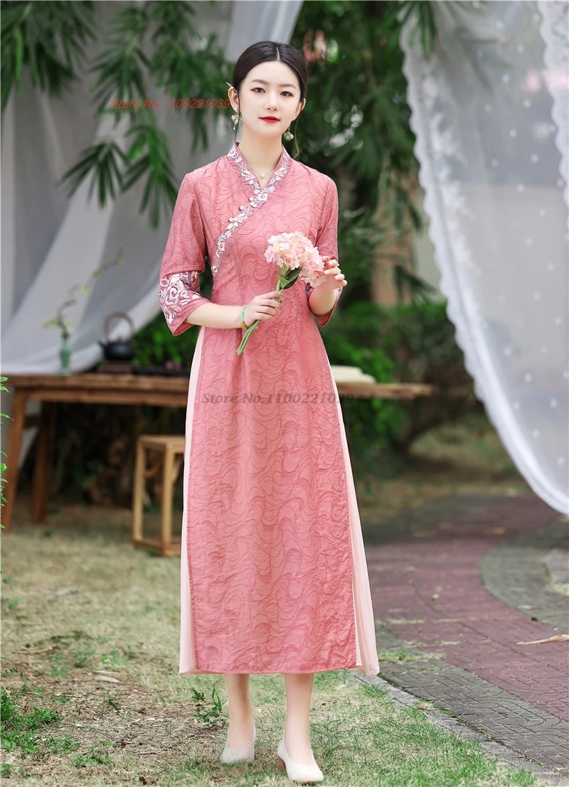 2025 vietnam traditional dress aodai improved cheongsam national flower embroidery v-neck a-line qipao banquet evening dress