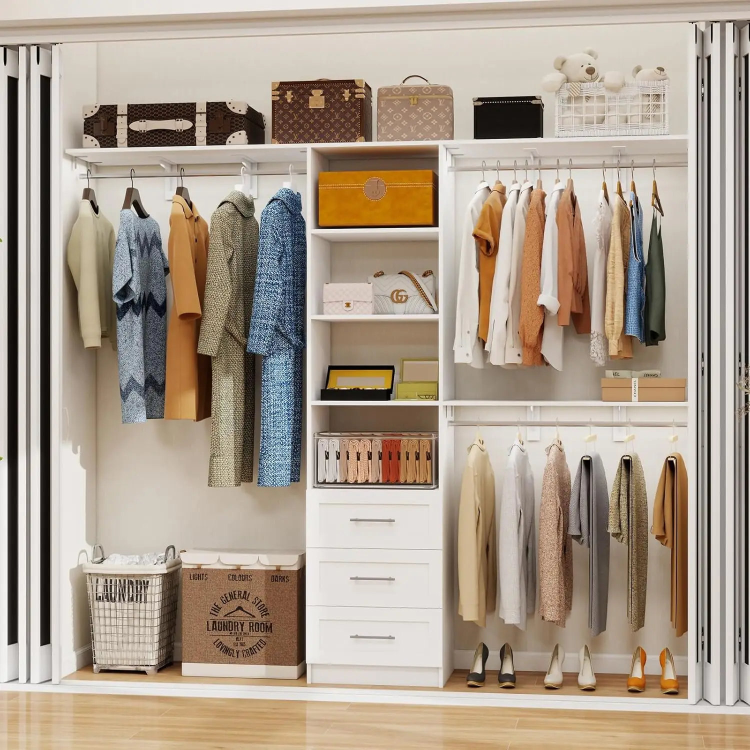 

Closet System with Drawers, 5-8FT Closet Organizer Systems with Expandable Hanging Rods, 96" Closet Shelving Systems for