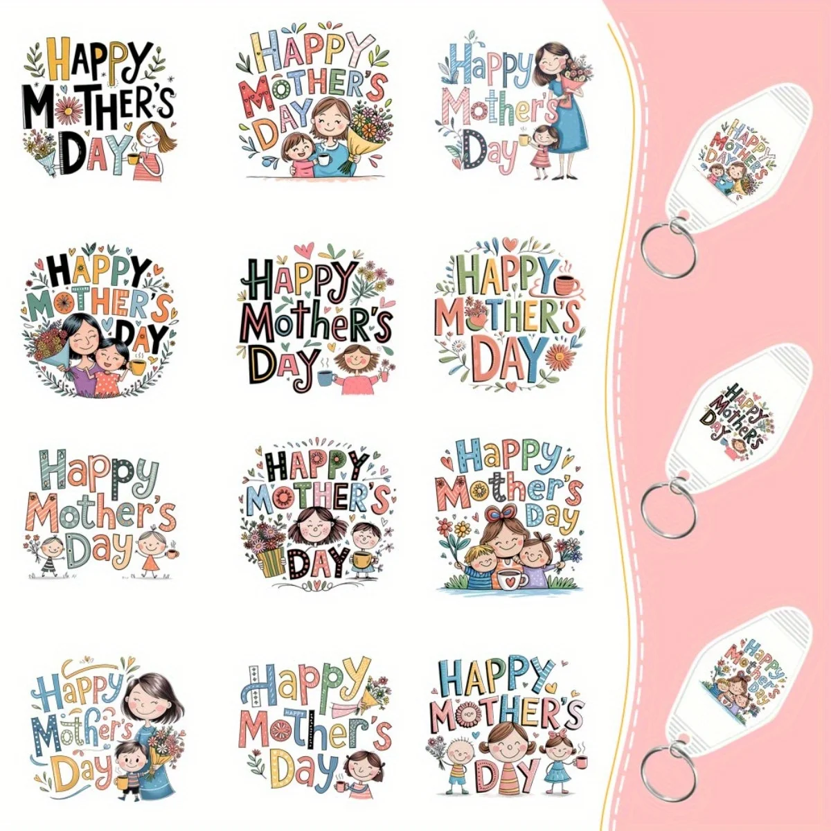 60 Stück/Set UV-DTF-Schlüsselanhänger-Transferpapier im Muttertags-Stil – wasserfestes Muster, geeignet für Acryl-Schlüsselanhänger