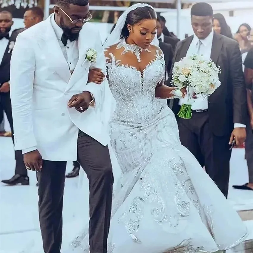 Sparkly South African Wedding Dresses Black Girls Mermaid Long Sleeves Appliques Bridal Gown Vestido De Noiva Customized