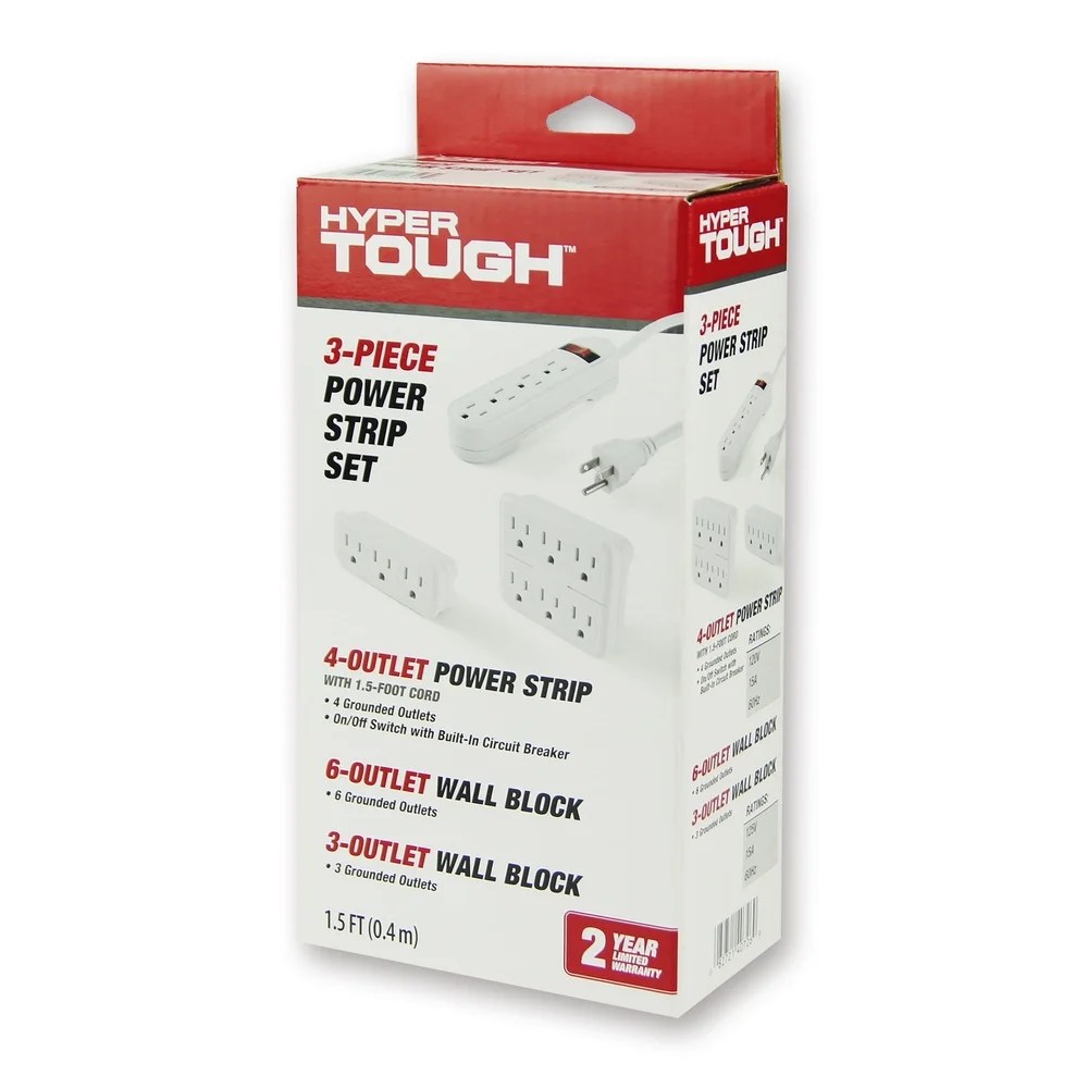 3 Piece Power Strip Set 4 Outlet Surge Protector with Circuit Breaker 6 Outlet Adapter 3 Outlet Wall Plug Indoor Use