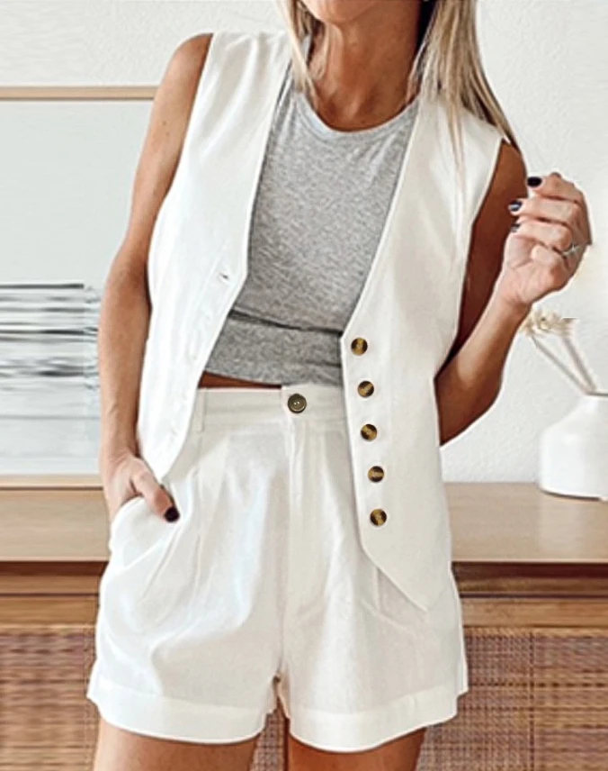 Women's Urban Suits 2025 Spring Summer Latest 2 Piece V-Neck Sleeveless Front Button Tank Pants Set Work Blazer Sets with Pocket