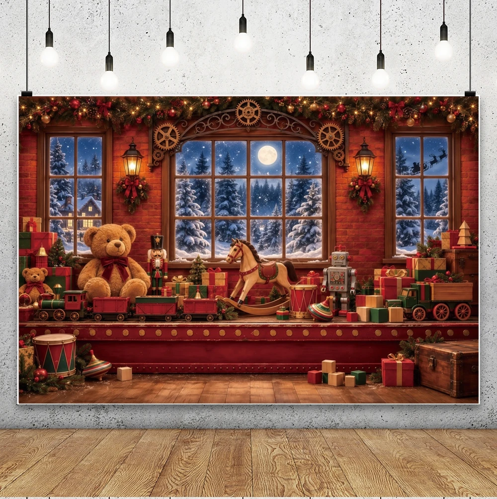 Christmas Toy Shop Window Photography Backdrop Vintage Teddy Bear Nutcracker Background Kids Holiday Portrait Party Decoration