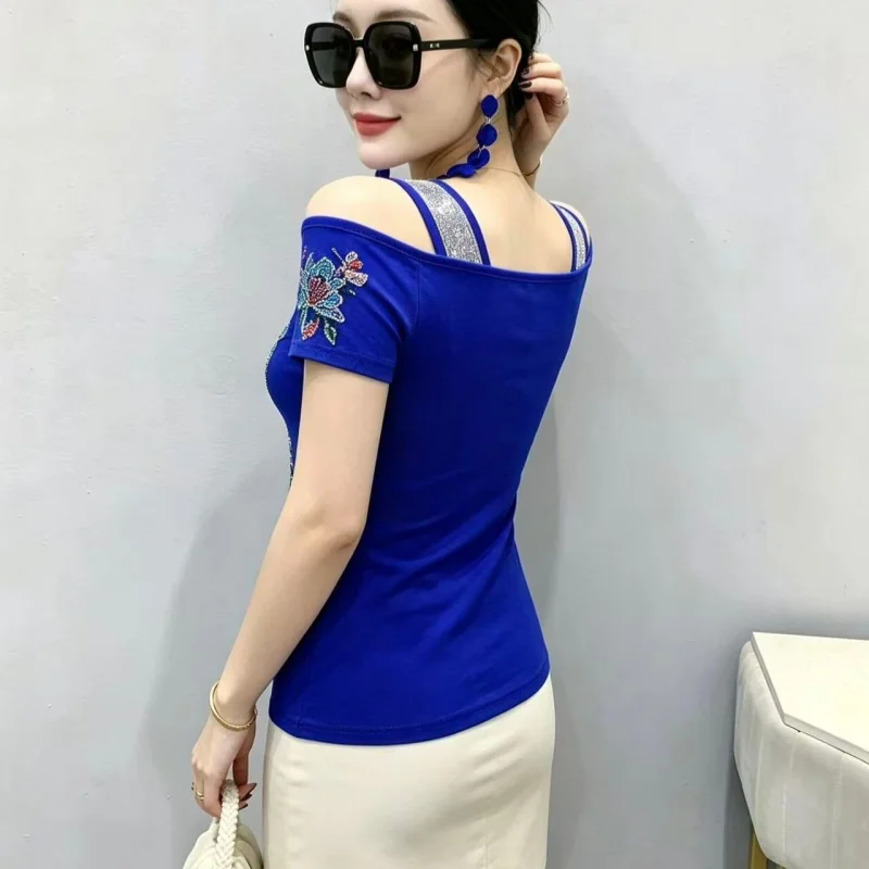 New European Clothing Ladies T-shirt Summer Sexy Off Shoulder Short Sleeve Luxury Fashion Flower Diamond Tees Slim Women's Tops