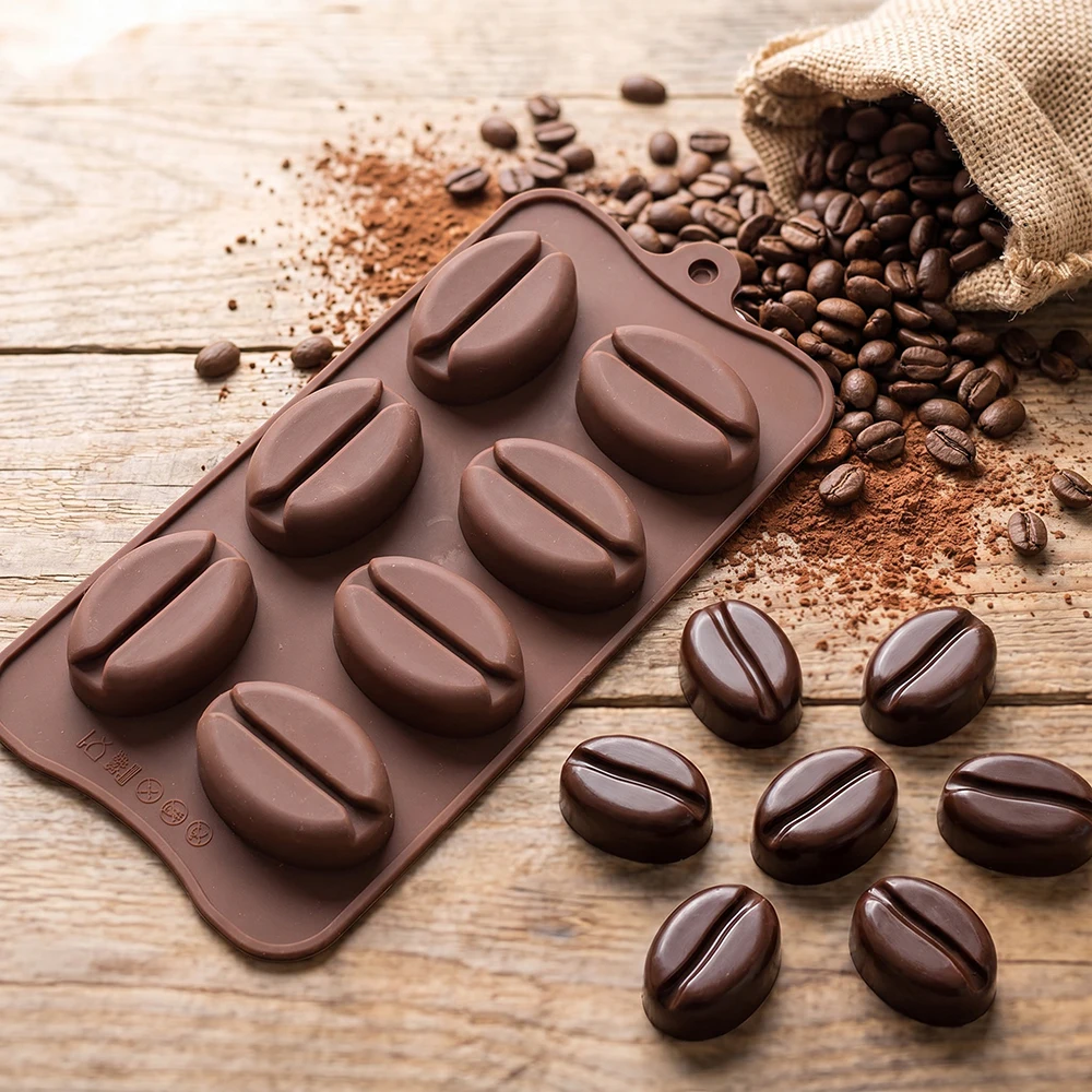 1pc 7-hole coffee bean shaped chocolate silicone mold DIY candy pudding dessert cake decoration plugin biscuit baking mold