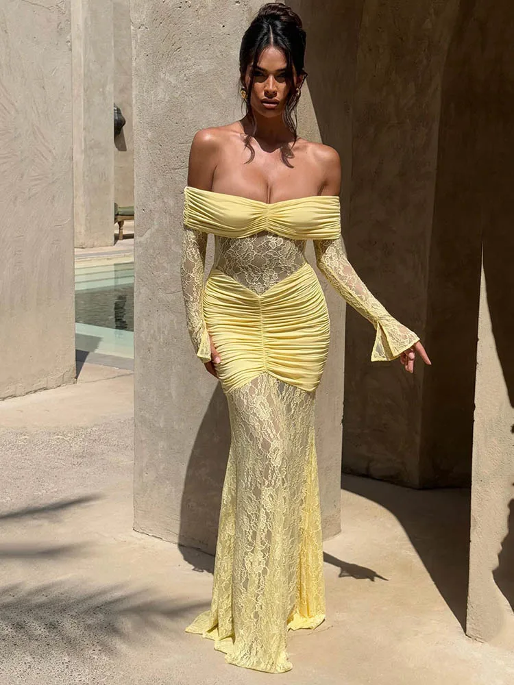 Articat elegante manga longa malha renda retalhos bodycon vestido feminino sexy fora do ombro sheer festa clube formal vestido de noite