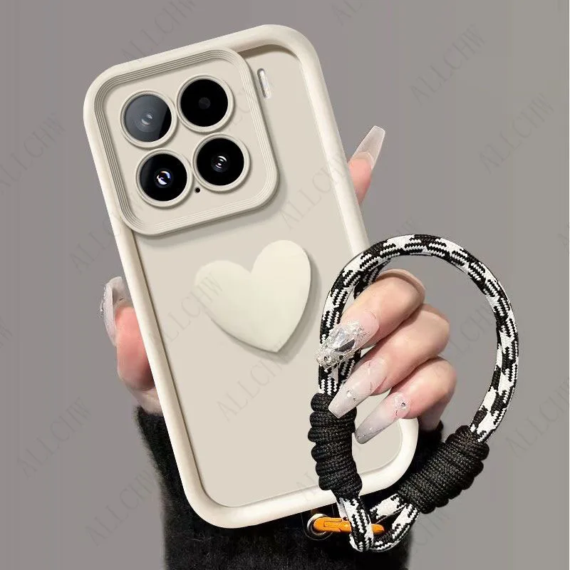 

For Xiaomi 15T Pro Mi 15T 5G Camera Lens Protection TPU Black Case For Xiaomi 15 T Pro Love Heart Strap Shockproof Phone Cover