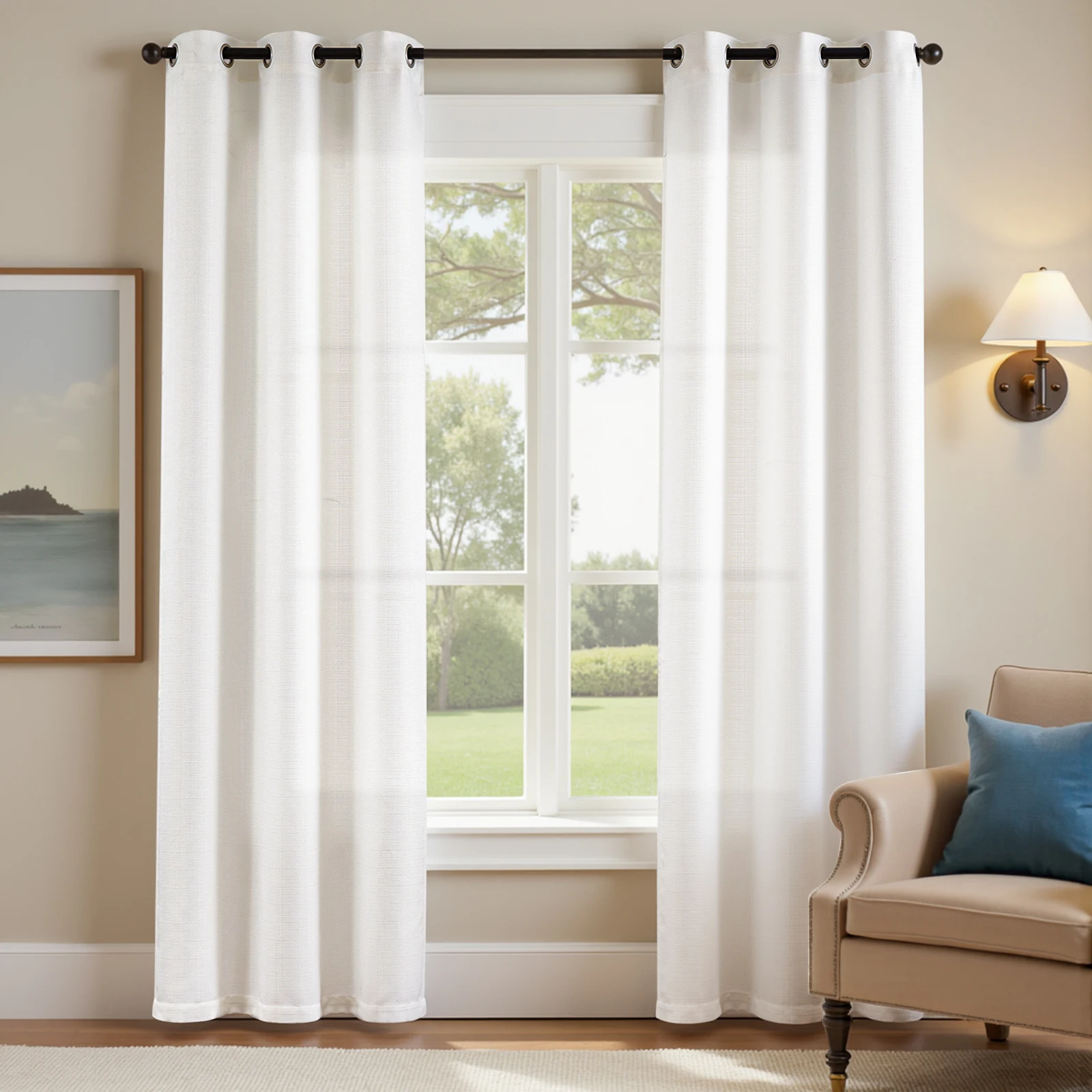 

jinchan Curtains Linen Textured Casual Weave Curtain for Living Room Grommet Light Filtering Window Drapes