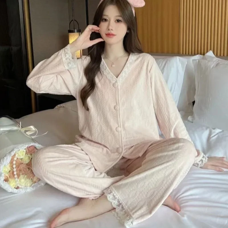 2024 New Autumn Winter Pajamas Women Double-sided Island Velvet Sleepwear Lace V-neck Spring Homewear Set Loose Sweet Loungewear