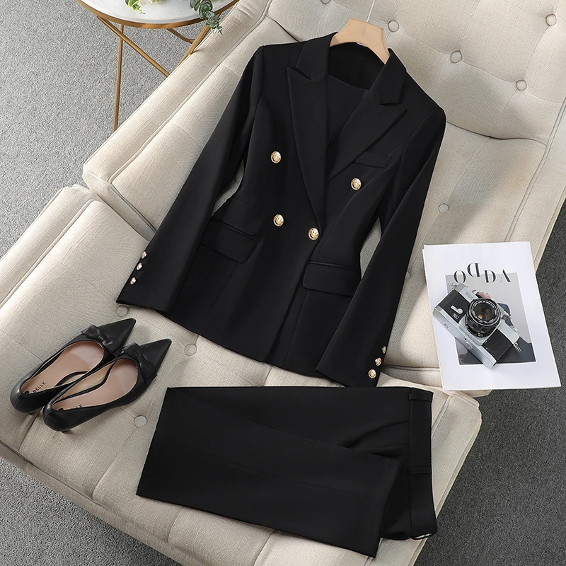 ZJYT Business Chic Women\'s Double Breasted Blazer Suits Pant Sets Two Piece Elegant Office Lady Outfit Plus Size Jacket Trousers