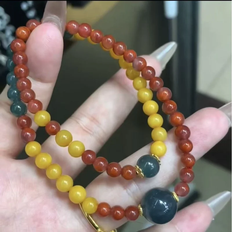 Natural Jadeite A Design Double-Loop Bracelet with Beeswax and Red Agate, S925 Silver