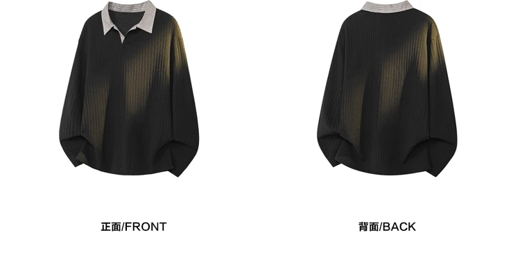 Herren-Polohemd mit Textur, langen Ärmeln, Kontrastkragen im Karomuster, lockere Passform, vertikale Streifen, Strickoberteil, lässiger Stil, Streetwear, für den täglichen Gebrauch. – Detail 11