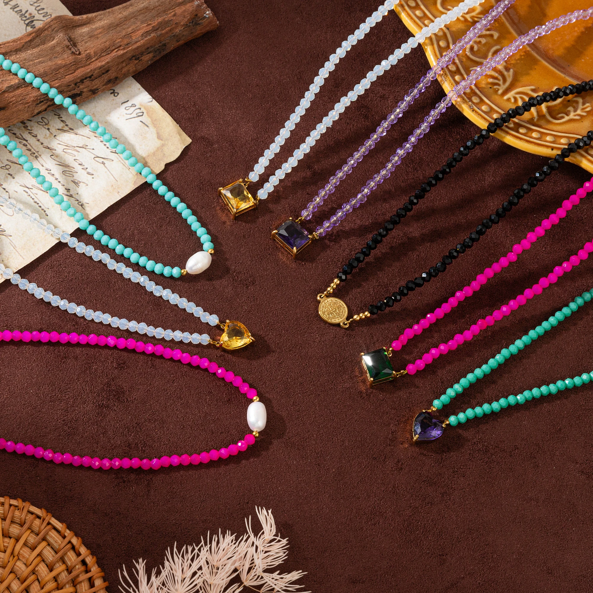 

New Color Square Zircon Simple Rice Bead Crystal Necklace Geometric Love Bead Necklace Jewelry