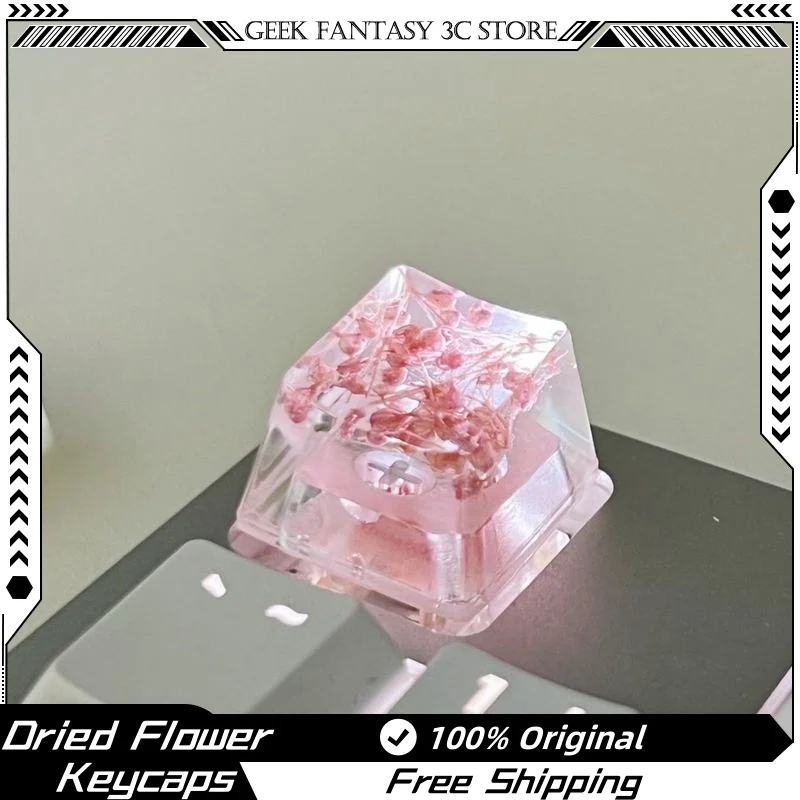 New 1/4 Piece Of Drop Glue Keycap Customized Cartoon Pink Dried Flower Resin Transparent Cross Axis Mechanical Keyboard Keycap