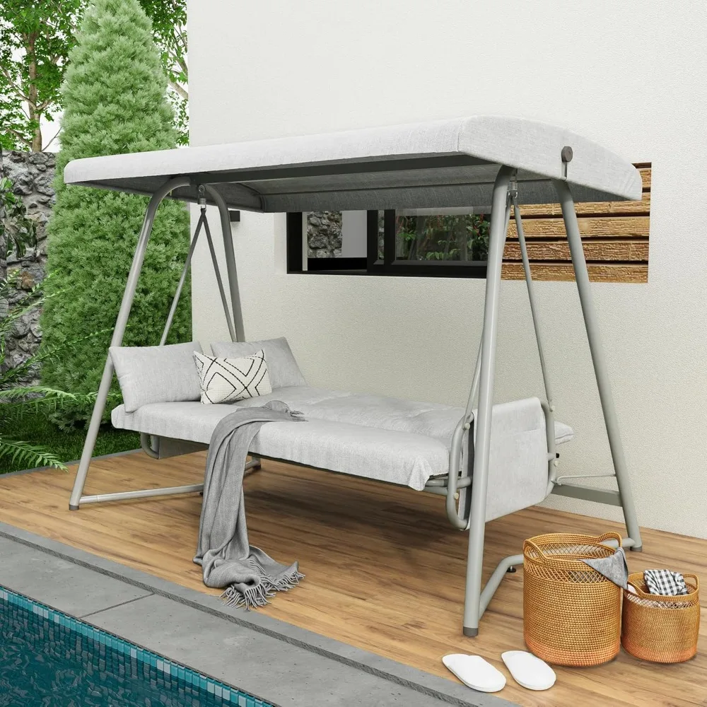 

3-4 Seat Outdoor Porch Swing with Adjustable Canopy Patio Swing Bed with Removable Cushions, Patios Swings