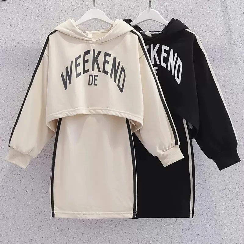 Kinder Sets Mädchen Kleid Anzug Frühling und Herbst Stile Letterman Kapuzen Top + Pinafore Pullover Kleid Kinder Kleidung