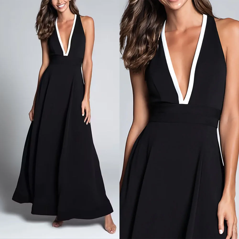 

High Quality Customized V-neck Black and White Ankle Length Sleeveless Woman Vestido De Festa De Casamento Party Dresses فستان