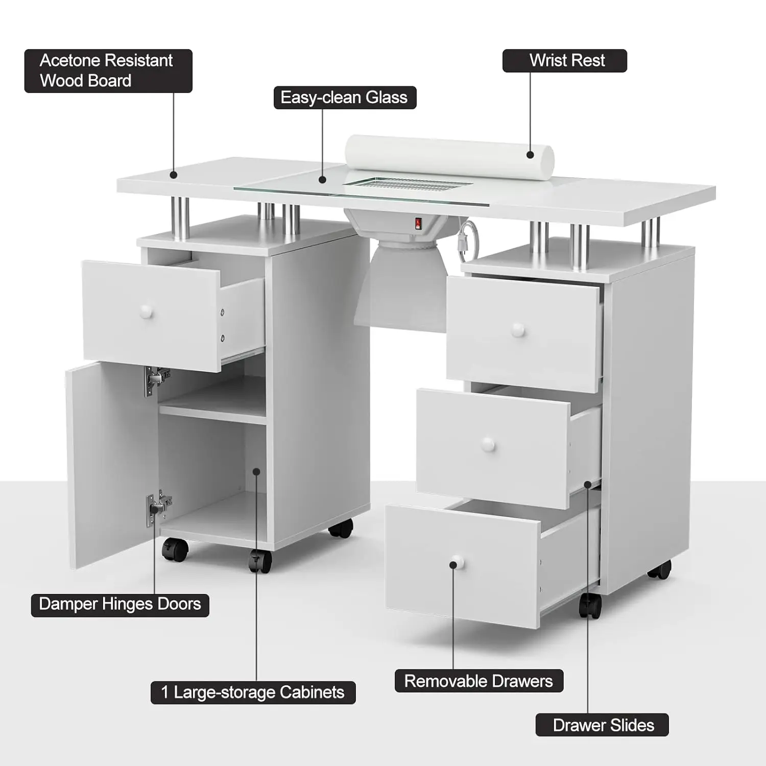 Table de manucure Paddie avec dessus en verre, bureau de maquillage, station de table à ongles pour module d'ongle, évent descendant électrique, coussin de poignet, Loc