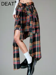 DEAT New Items Trendy Women's Plaid Bandage Irregular Long Skirts 2024 Summer Fashion High Waist A-line Skirt Female CP2A0023