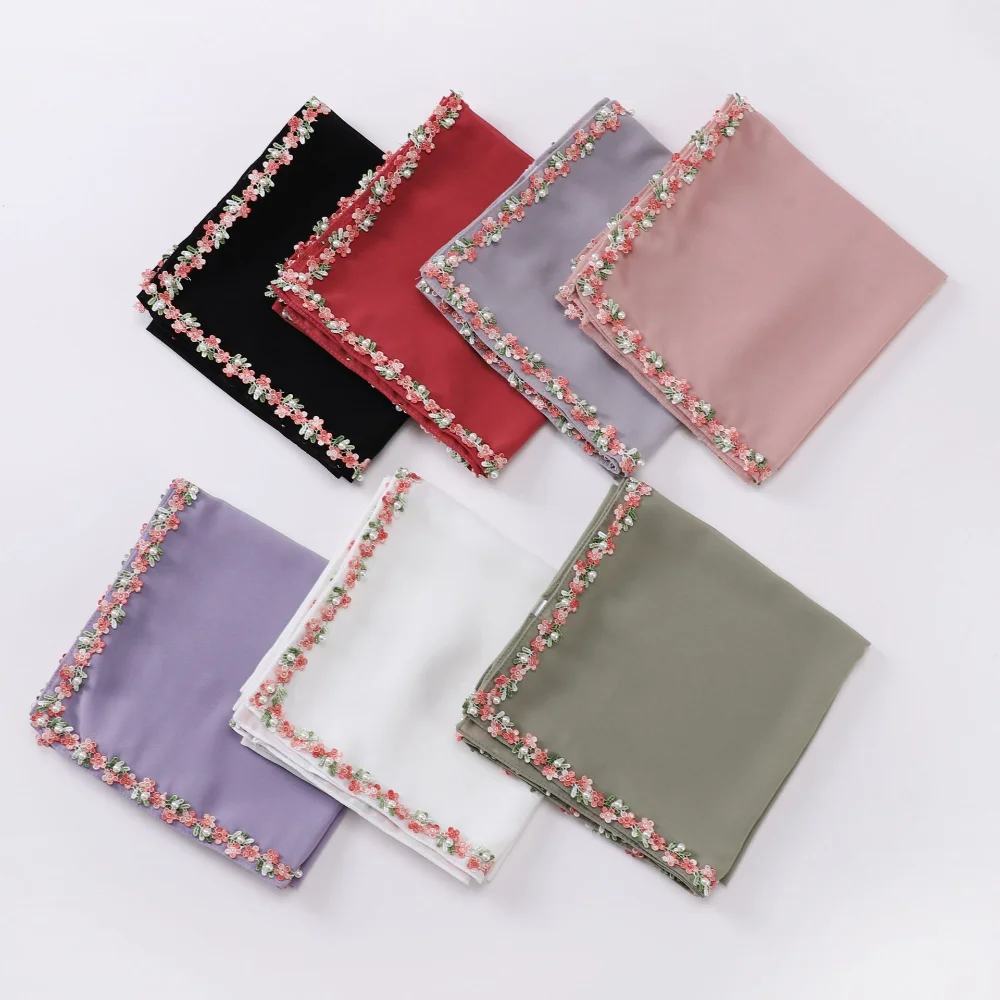 

Embroidered Plain Color Chiffon Hijab Tudung Shawl, Classic Muslim Headscarf for Women Daily Wear Fashion Accessories