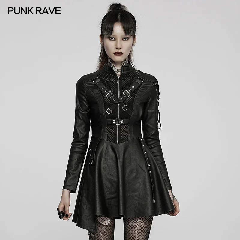 

PUNK RAVE Punk Women Faux Leather Sexy Long Sleeve Dress Gauze Splicing Asymmetric Skirt Hem Dresses Black Goth Clothing