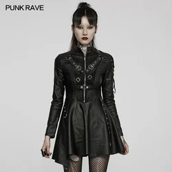 PUNK RAVE Punk Women Faux Leather Sexy Long Sleeve Dress Gauze Splicing Asymmetric Skirt Hem Dresses Black Goth Clothing